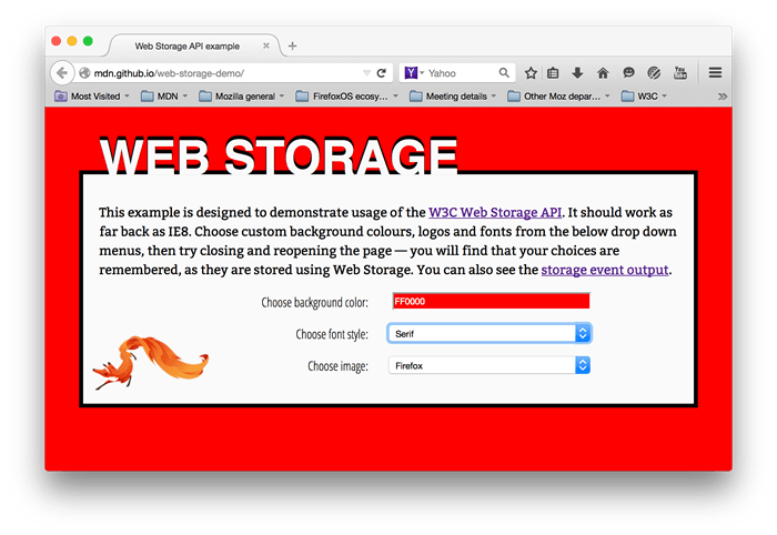 Beispiel für Web Storage mit einem Textfeld, um die Farbe durch Eingabe eines Hex-Werts auszuwählen, und zwei Dropdown-Menüs, um den Schriftstil und das dekorative Bild auszuwählen.